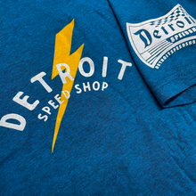 Load image into Gallery viewer, Mens Detroit Speed Shop Pin-up T-shirt - Heather Dark Ocean Blue
