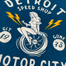 Load image into Gallery viewer, Mens Detroit Speed Shop Pin-up T-shirt - Heather Dark Ocean Blue
