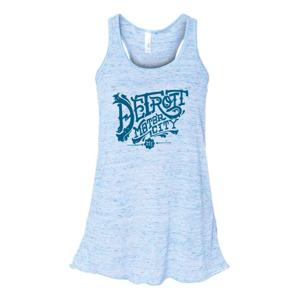Ladies Relaxed Racerback Tank Top - Detroit Vintage Font Blue Marble