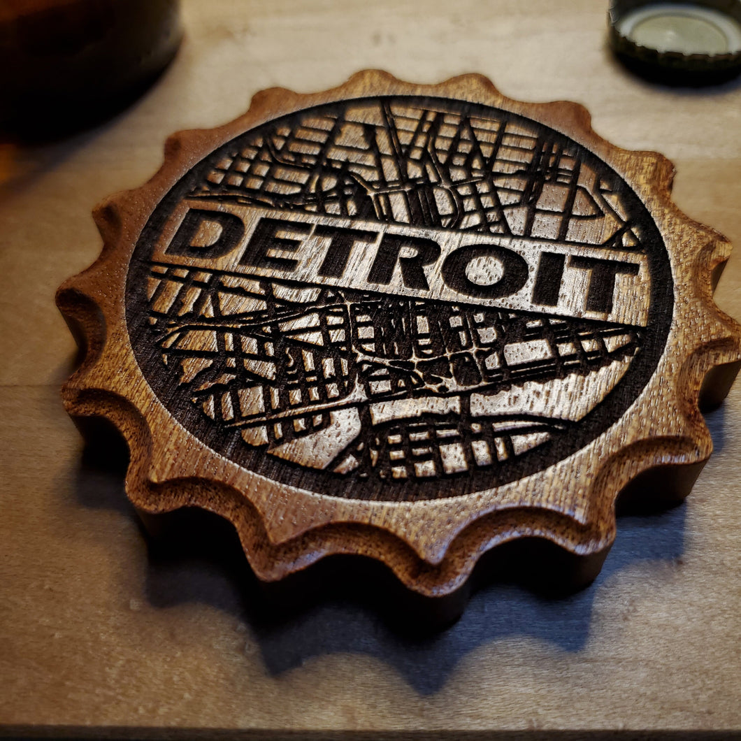 Custom Wooden Bottle Opener with Magnet & Engraved Map of Downtown Detroit