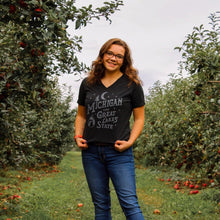 Load image into Gallery viewer, Ladies Relaxed V-neck Michigan Vintage Font T-shirt - Heather Black

