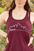Load image into Gallery viewer, Ladies Relaxed Racerback Tank Top - Detroit Skyline Cranberry
