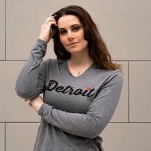 Load image into Gallery viewer, Ladies Detroit Heart Long Sleeve Hooded T-shirt - Heather Grey
