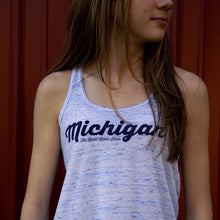 Load image into Gallery viewer, Ladies Relaxed Racerback Tank Top - MI Script Blue Marble

