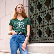 Load image into Gallery viewer, Ladies Relaxed V-neck Detroit Hudson&#39;s T-shirt - Heather Forest Green
