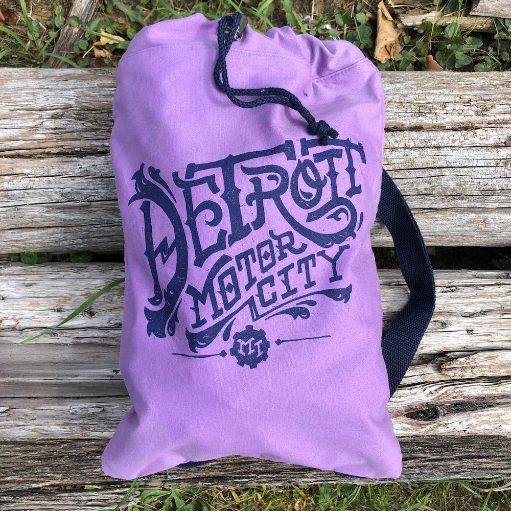 Detroit Vintage Font Cinch Backpack - Hyacinth/Navy-FINAL SALE