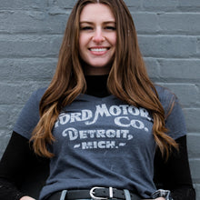 Load image into Gallery viewer, Ladies Ford Distressed 1903 Text V-Neck - Triblend Heather Navy
