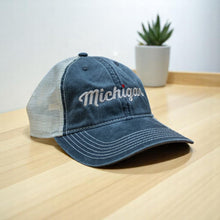 Load image into Gallery viewer, Hat - Michigan Heart Low Profile Trucker - Steel Blue/Khaki-FINAL SALE

