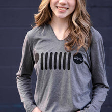 Load image into Gallery viewer, Ladies Jeep® Grille Text Triblend Hooded Pullover - Grey Heather
