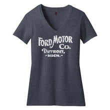 Load image into Gallery viewer, Ladies Ford Distressed 1903 Text V-Neck - Triblend Heather Navy
