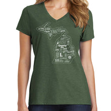 Load image into Gallery viewer, Ladies Relaxed V-neck Michigan Places T-shirt - Deep Green
