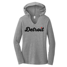 Load image into Gallery viewer, Ladies Detroit Heart Long Sleeve Hooded T-shirt - Heather Grey
