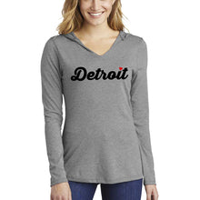Load image into Gallery viewer, Ladies Detroit Heart Long Sleeve Hooded T-shirt - Heather Grey
