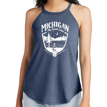 Load image into Gallery viewer, Ladies Michigan Shield Rocker Tank Top - Heather Navy Triblend
