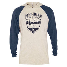 Load image into Gallery viewer, Mens Michigan Shield Long Sleeve Hooded T-Shirt - Navy / Natural
