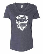 Load image into Gallery viewer, Ladies Relaxed V-neck Michigan Shield T-shirt - Heather Navy
