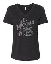Load image into Gallery viewer, Ladies Relaxed V-neck Michigan Vintage Font T-shirt - Heather Black
