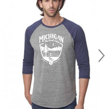 Load image into Gallery viewer, Mens Michigan Shield Triblend 3/4 Sleeve Baseball T-shirt
