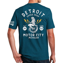Load image into Gallery viewer, Mens Detroit Speed Shop Pin-up T-shirt - Heather Dark Ocean Blue

