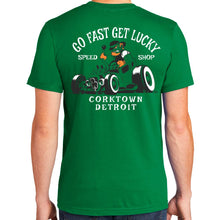Load image into Gallery viewer, Mens Detroit Go Fast Get Lucky Speed Shop T-shirt (Kelly Green)
