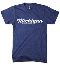 Load image into Gallery viewer, Mens Triblend Michigan Script T-shirt (Indigo)
