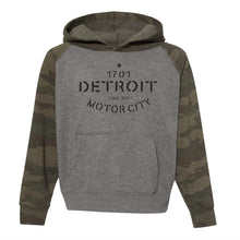 Load image into Gallery viewer, Toddler / Youth Hoodie - Detroit Stencil - Heather Grey / Camo
