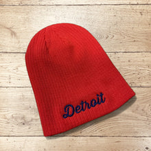 Load image into Gallery viewer, Hat - Detroit Thirsty Script Knit Beanie - Orange / Navy
