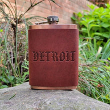 Load image into Gallery viewer, Custom Leather Wrapped Flask with &quot;DETROIT&quot; Stamp
